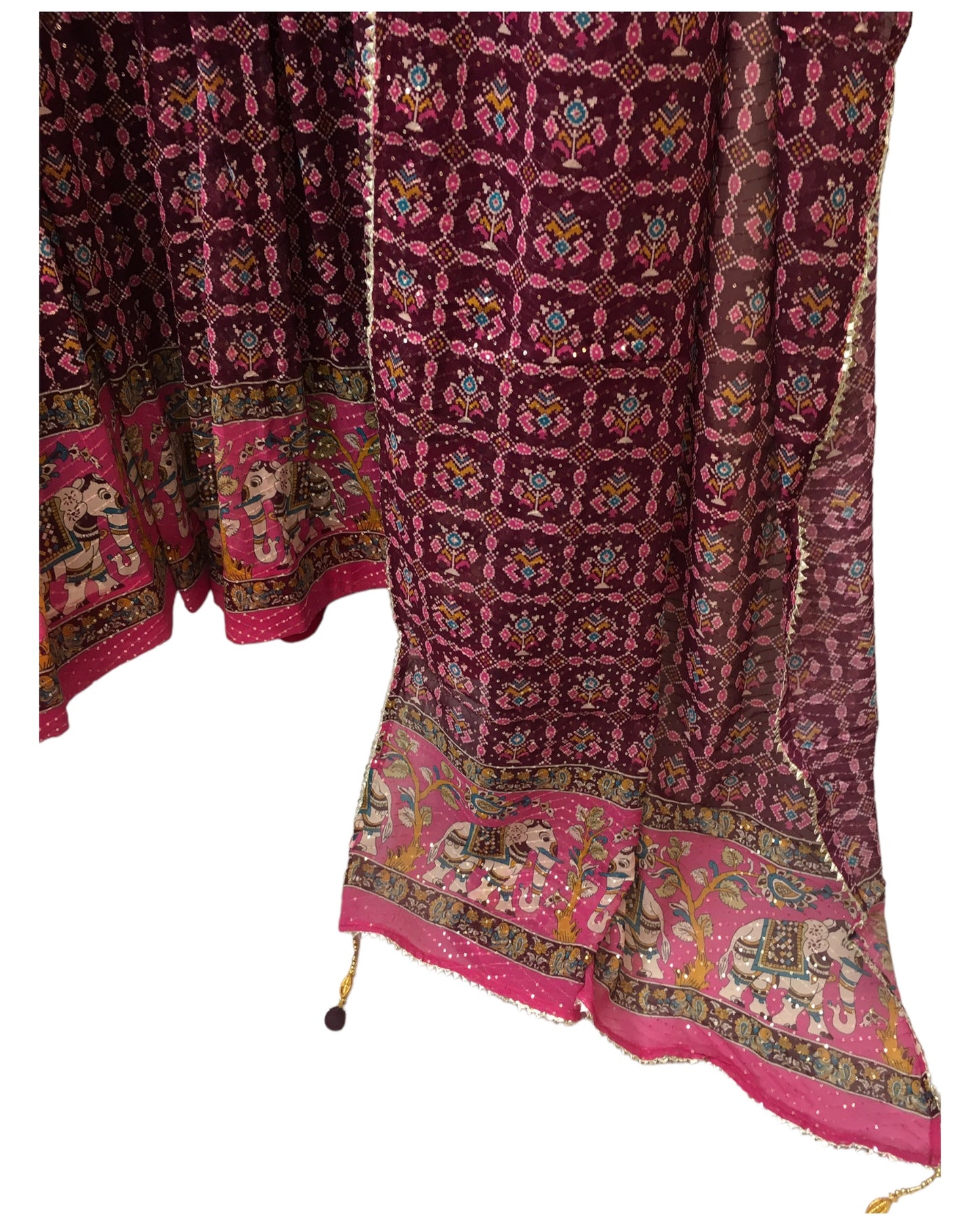 Wine - Chiffon Printed Lehenga Set - Size 12(38") - UK Stock - 24h Dispatch - SWA2407 RY 0524