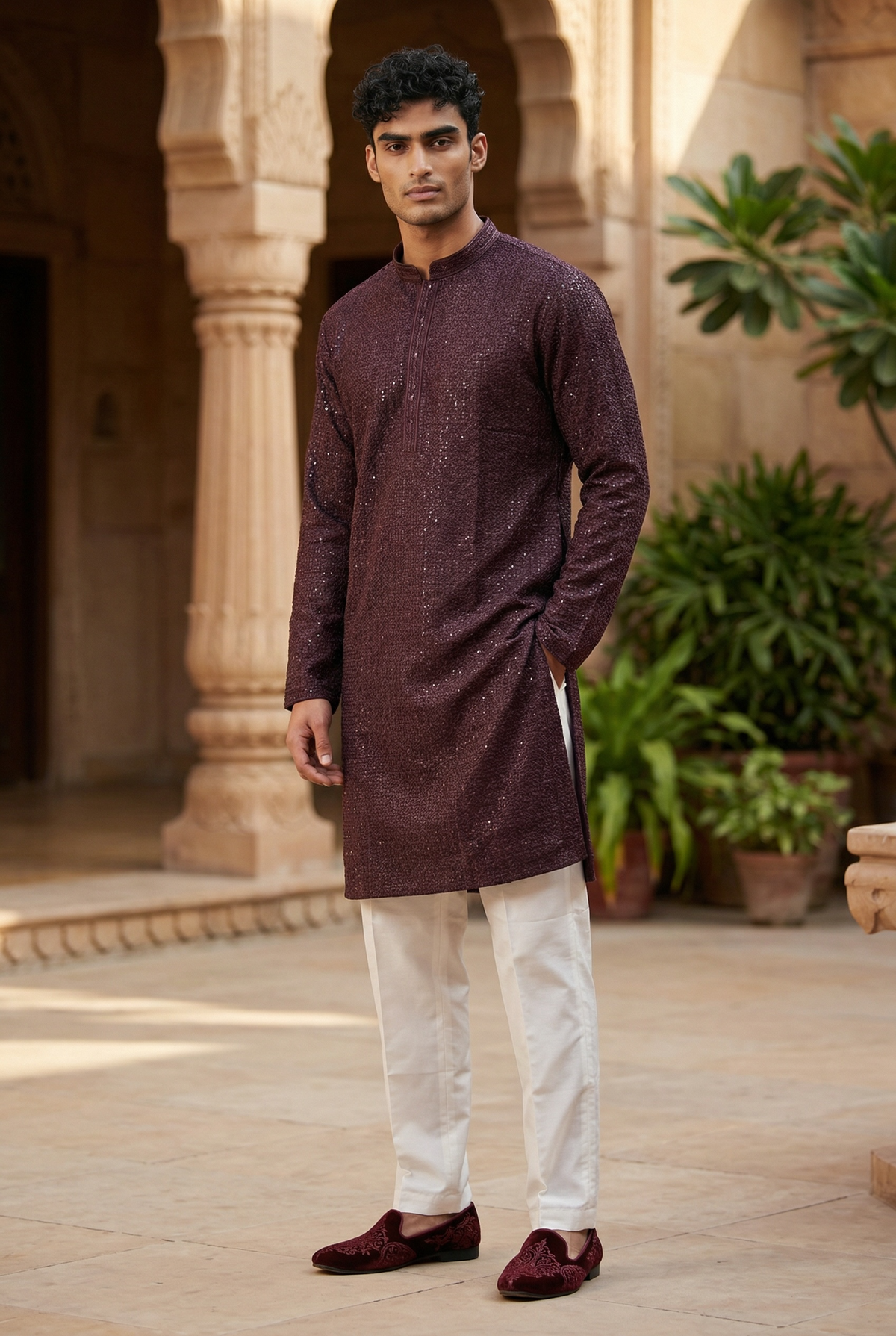 Wine Purple - Rich Sequins Lucknowi Chiffon Mens Indian Kurta Set with Smart Pants - Weddings / Walimas , Sangeet, Eid, Mehndi / Henna - KCS1261 VP 0225