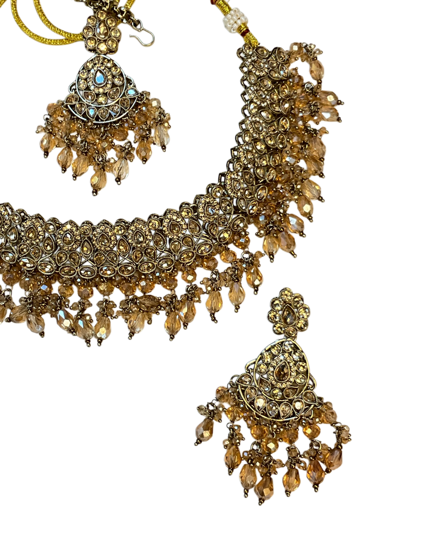 Crystal - Large Size Antique Gold Finish Necklace Set with Earrings & Head Piece - JIG82 04KV26