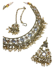 Gold / Neutral & Clear - Antique Gold Finish Necklace & Earrings Set - Bollywood - Weddings - DAJ547 11KV24
