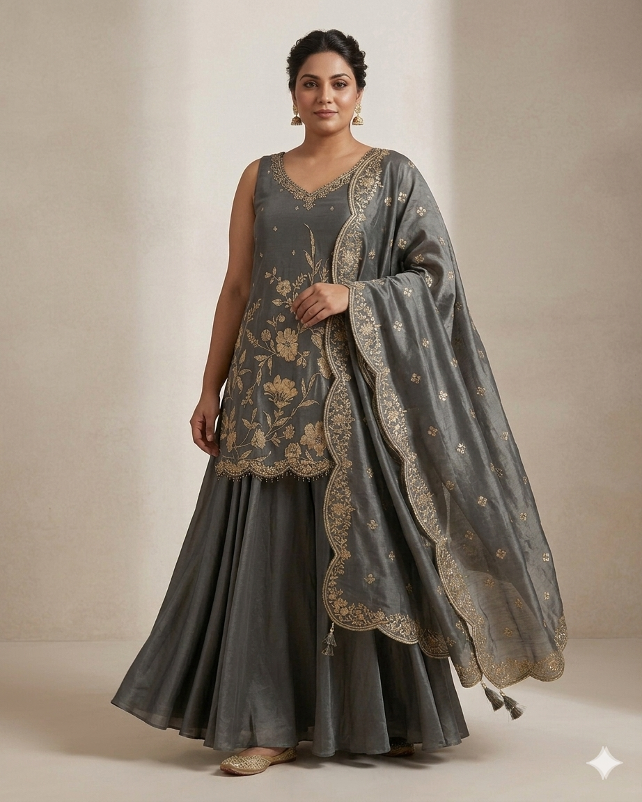 Size 20 (46") - Dark Grey - Designer Ladies Medium Length Top Palazzo Trousers Suit - VMK Disha CY