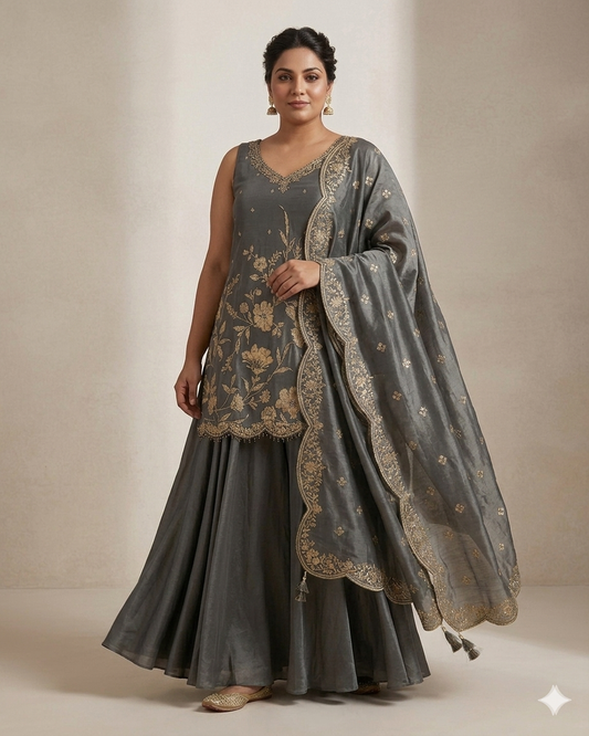 Size 20 (46") - Dark Grey - Designer Ladies Medium Length Top Palazzo Trousers Suit - VMK Disha CY