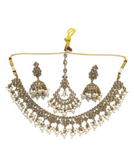 Gold / Neutral - Antique Gold Finish Necklace & Earrings Set - Bollywood - Weddings - KAJ1035 11KK24