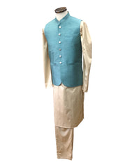 Turquoise Blue - Handloom Dupion Silk Mens Waistcoat - DL2303 KKp1023