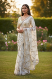 Cream / Gold - Rich Bridal Saree with Allover Embroidery and Blouse Piece - UK stock - 24hr Dispatch - RS2518 AJ