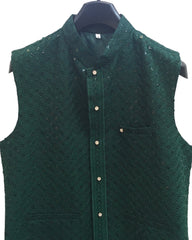Green - Rich Lucknowi Sequins Mens Waistcoat - Bollywood - KCS4009 VY 0324