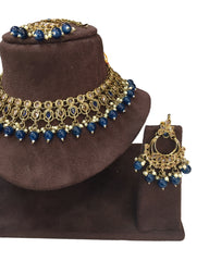 Navy Blue - Large Size Antique Gold Finish Necklace Set with Earrings - VJY403  C 0424
