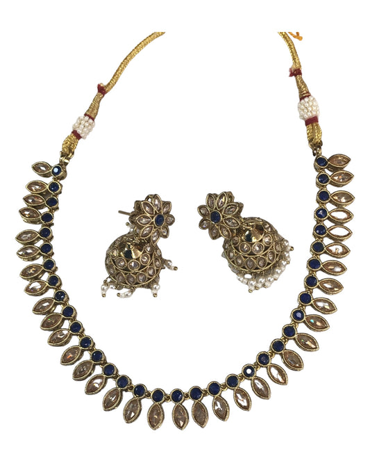 Navy - Small - Antique Gold Finish Necklace Set with Earrings - AE2402 C 0724