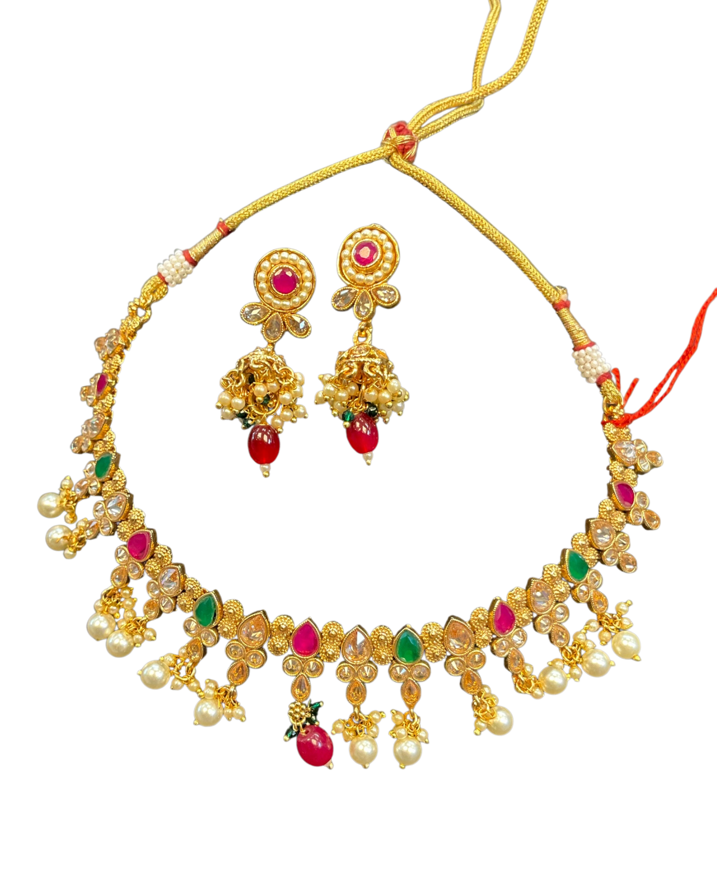 Red / Green - Medium Size Necklace Set with Earrings - SLV11KV 0822