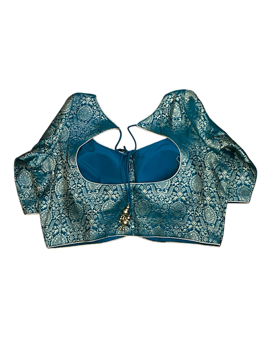 Size 38" / UK 12 - Turquoise - Banarasi Brocade Saree Blouse with Elbow-Length Sleeves - UK Stock - With Margin inside - VAM1358 - H