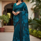 Teal / Black Floral - Classic Satin Crepe Saree with Stone Work and Blouse Piece - UK stock - 24hr Dispatch - RS2537 TV
