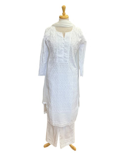 White - Cotton Ladies Salwar Kameez with Chiffon Dupatta - Elbow Length Sleeves - Funeral  / Church KTC250401 KR