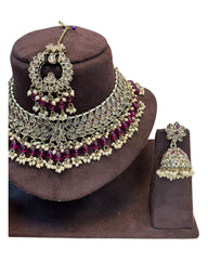 Fuchsia / Magenta  - Large Size Antique Gold Finish Necklace Set with Earrings & Tika Head piece - GGA07  KT 0525