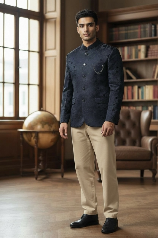 Navy Blue - PREMIUM Slim Fit Mens Self Brocade BandhGala / Prince / Chinese Collar Jacket - Fantastic Fit - CS2602 01TT26