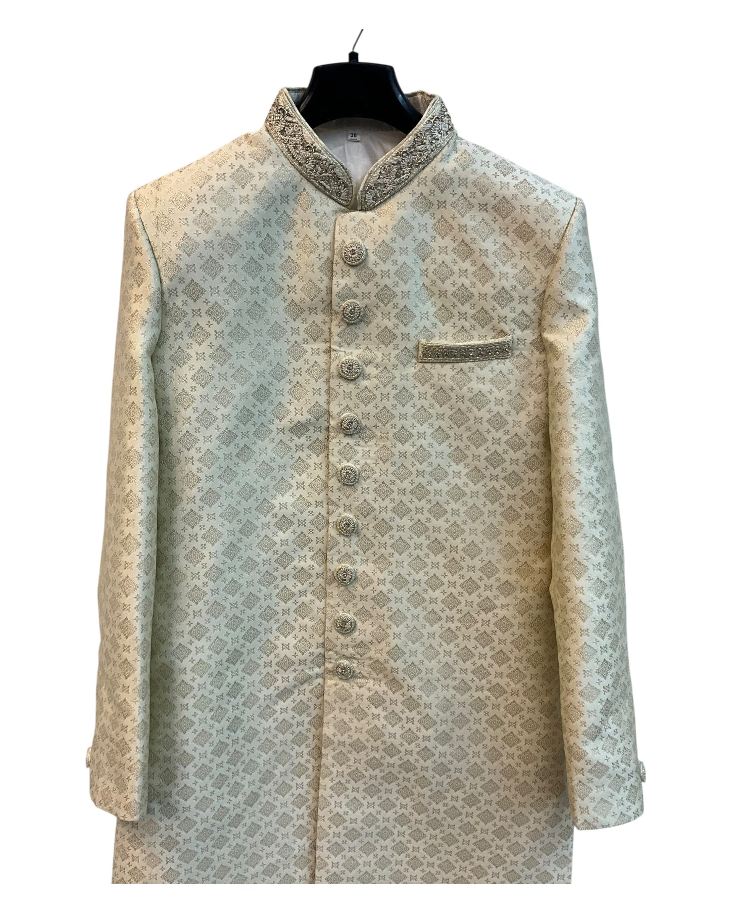 Light Gold - Hand Embroidered Banarasi Handloom Gold Brocade Sherwani with Gold Buttons - UK Stock - BS1028 08RC25