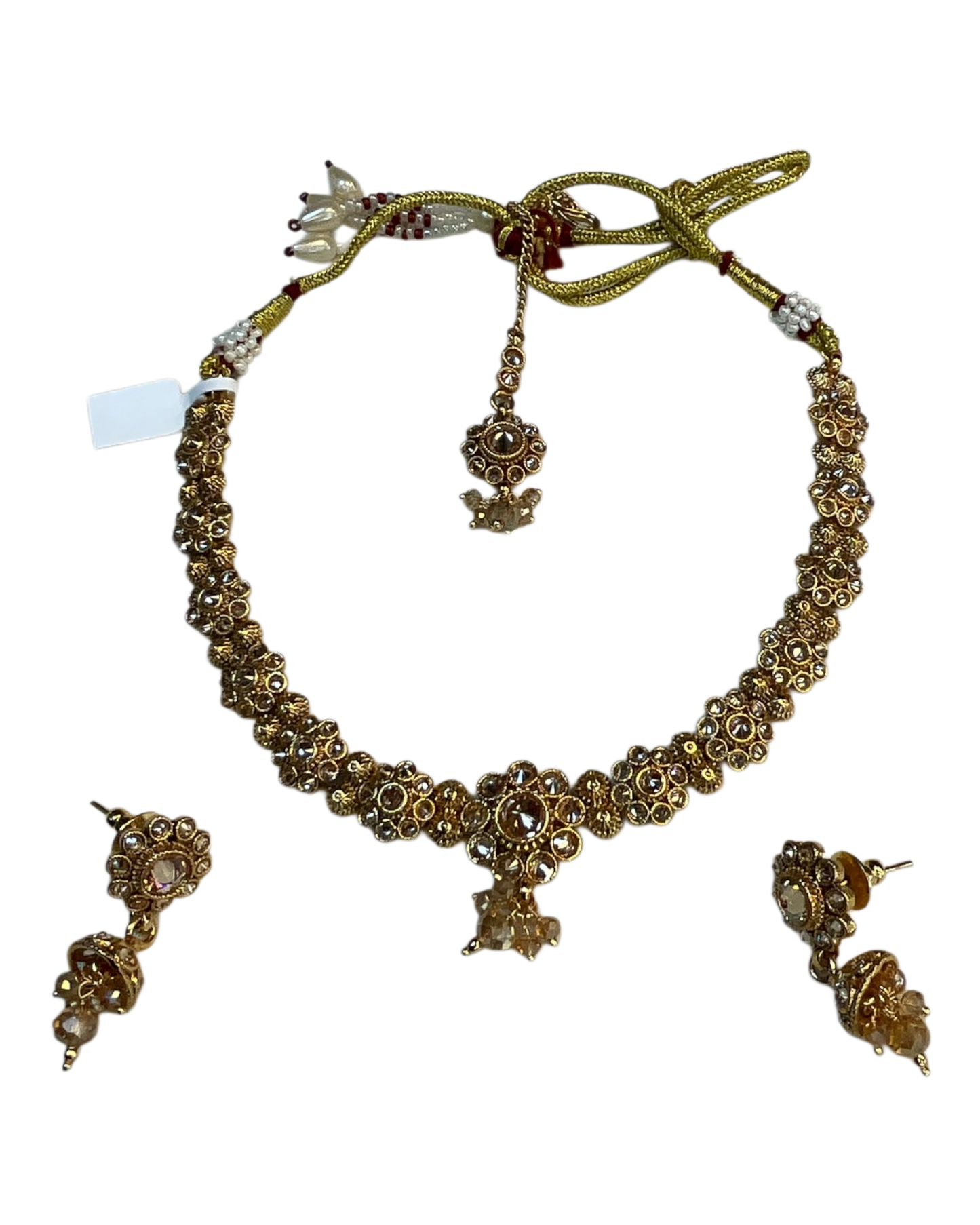 Crystal - Medium Size Gold Finish Necklace Set with Earrings & Head Piece - SLV90 04Cp26