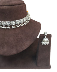 Clear - Small Size Silver Finish Necklace Set with Earrings - VJY401  A 0424