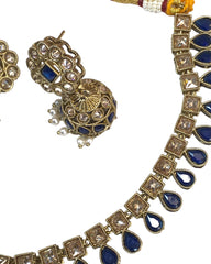 Navy Blue - Medium Size Antique Gold Finish Necklace Set with Earrings - SV2403  H 0424
