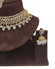 Grey - Medium Size Antique Gold Finish Choker Necklace Set with Earrings - RAK149  C 0424