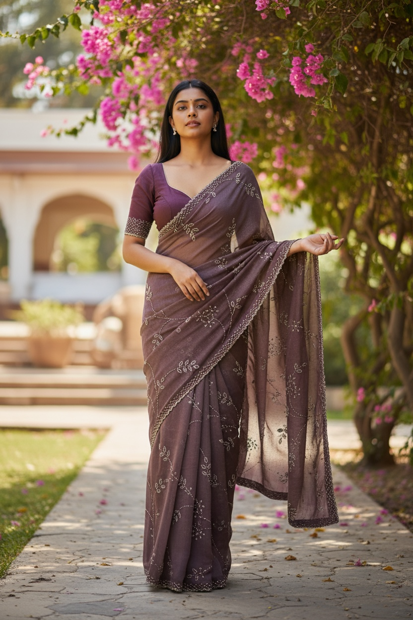 Purple - Rich Saree with Allover Embroidery and Blouse Piece - UK stock - 24hr Dispatch - RS2520 JA