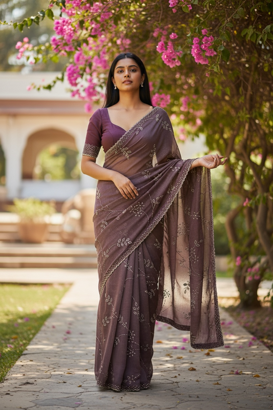 Purple - Rich Saree with Allover Embroidery and Blouse Piece - UK stock - 24hr Dispatch - RS2520 JA