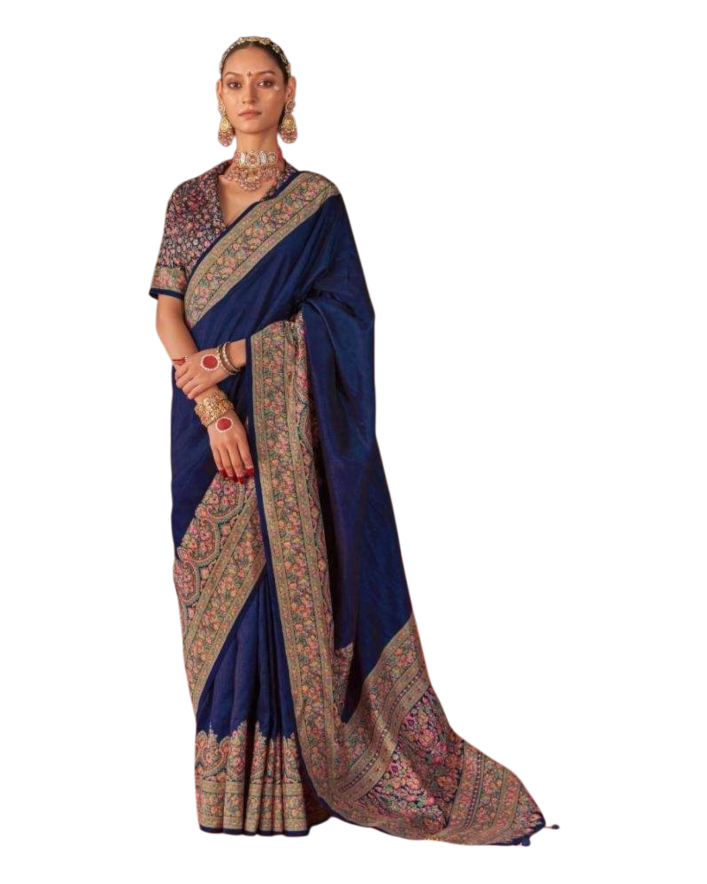 Navy Blue - Traditional Block Printed Dupion Silky Saree with Blouse Piece - UK Stock - 2/3 days Delivery  12KC25 K915