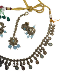 Sky / Light Blue - Medium Size Antique Gold Finish Necklace Set with Earrings - KAJ1017 04C24