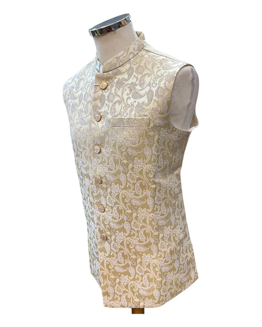 Cream with Lilac & Gold Thread Brocade - Premium Mens Waistcoat - VNS-JKT7910/1 10KJ25