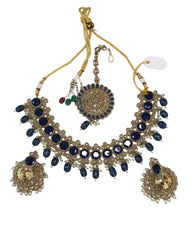 Blue - Large Size Antique Gold Finish Necklace Set with Earrings - SV2405  KJ 0424