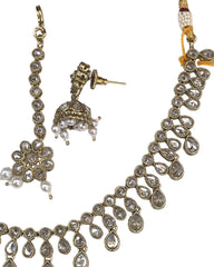 Clear / Neutral - Medium Size Antique Gold Finish Necklace Set with Earrings - KAJ1017 04C24