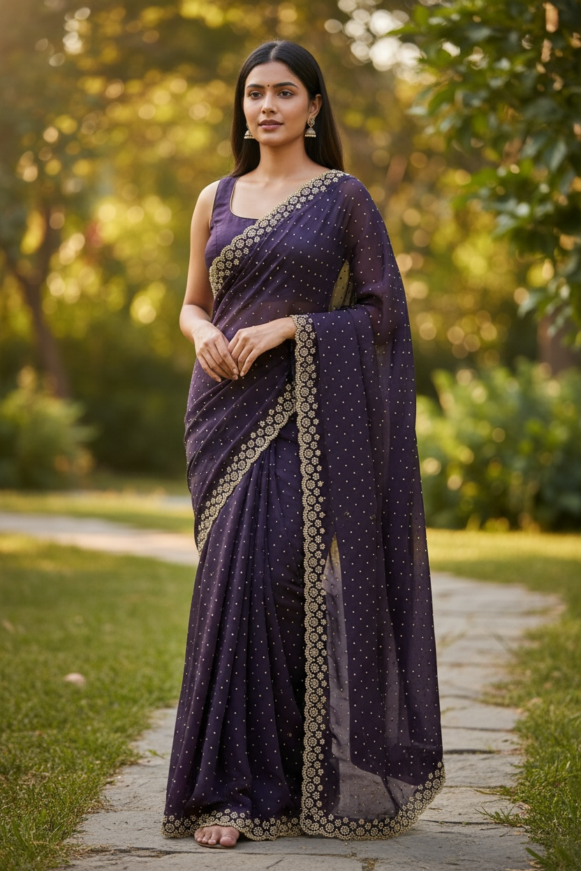 Purple - Rich Saree with Stone Work and Blouse Piece - UK stock - 24hr Dispatch - RS2514 VC