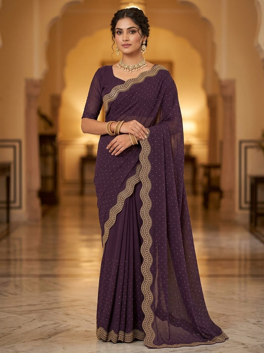Wine - Fancy Party Saree with Blouse Piece - UK stock - 24hr Dispatch - SP2611 VP