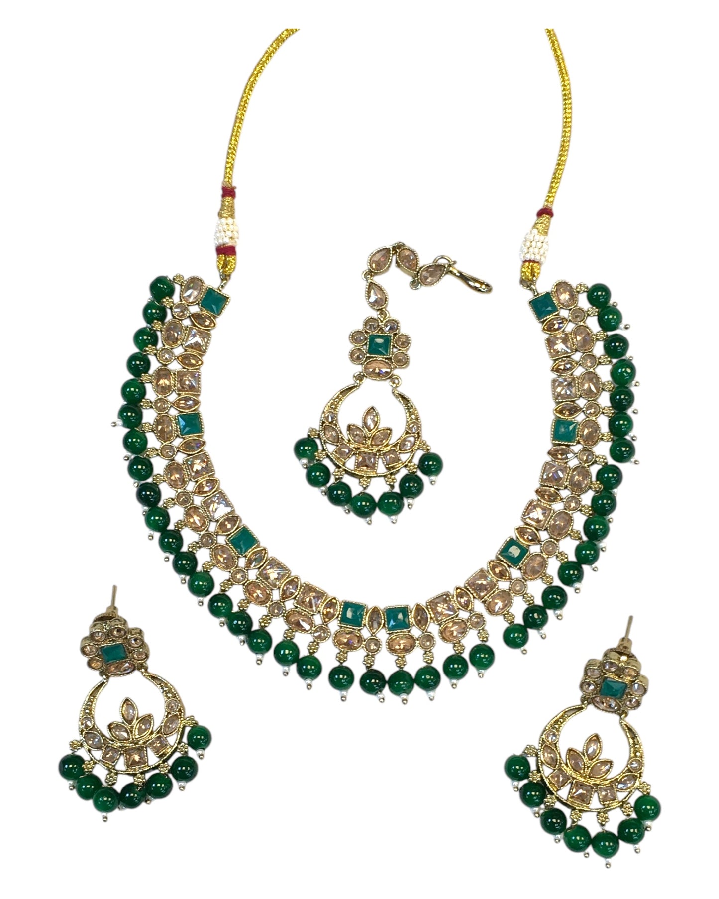 Green - Antique Gold Finish Necklace & Earrings Set - Bollywood - Weddings - KAJ1039 11KK24