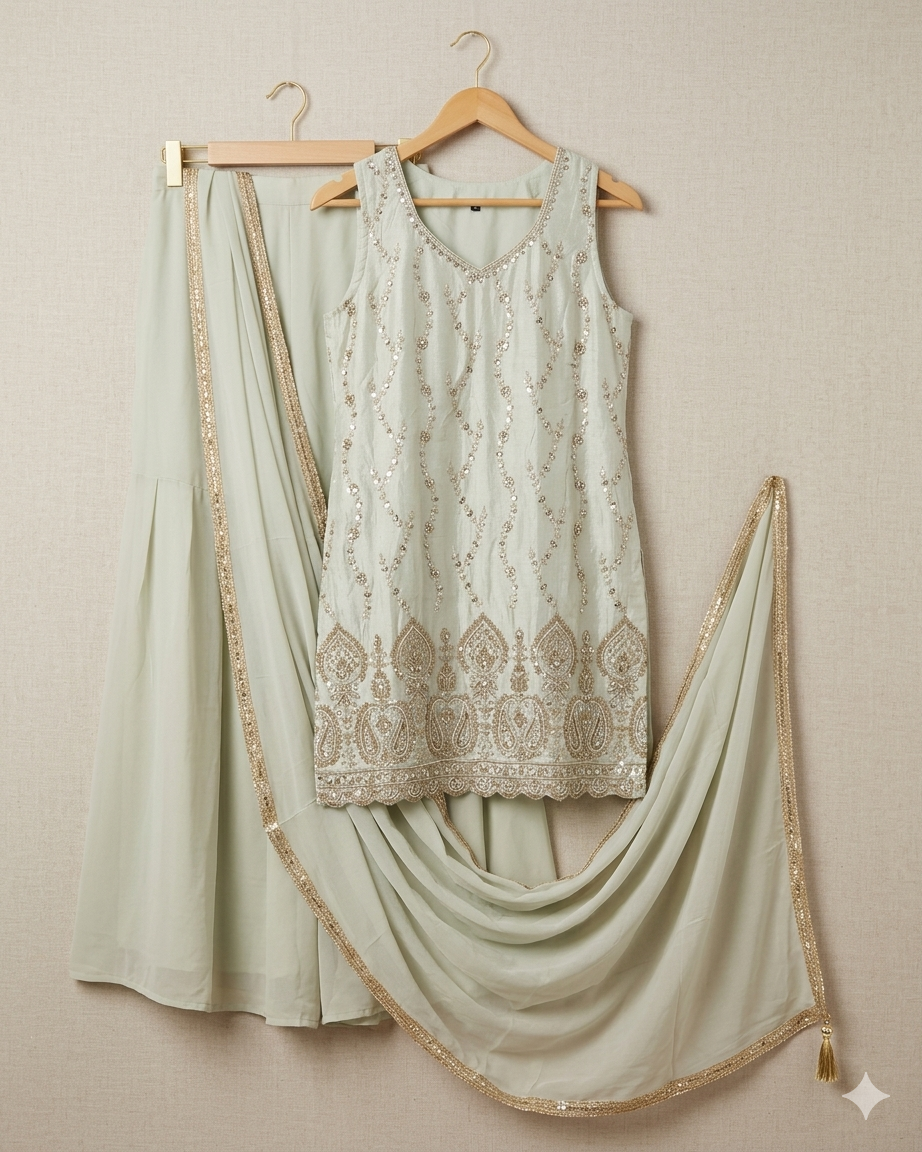 UK 16 / 42" - Cream / Light Gold - Crepe Ladies Sharara / Palazzo Trousers Suit - Sangeet / Henna / Temple - OC76137 TA
