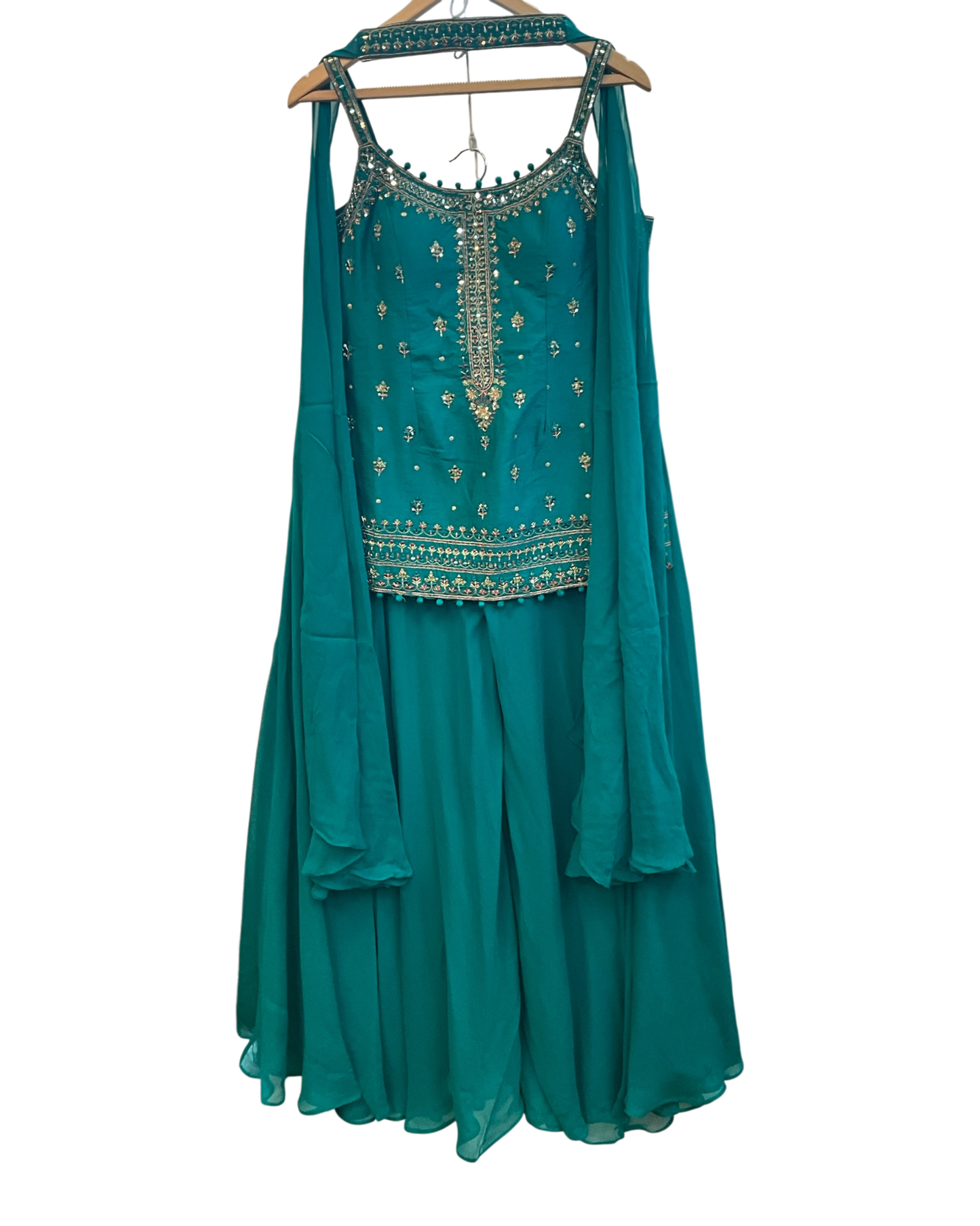 Size 14 (40") - Turquoise - Designer Ladies Medium Length Strap Top Palazzo Trousers Suit - VMK Pahal JR