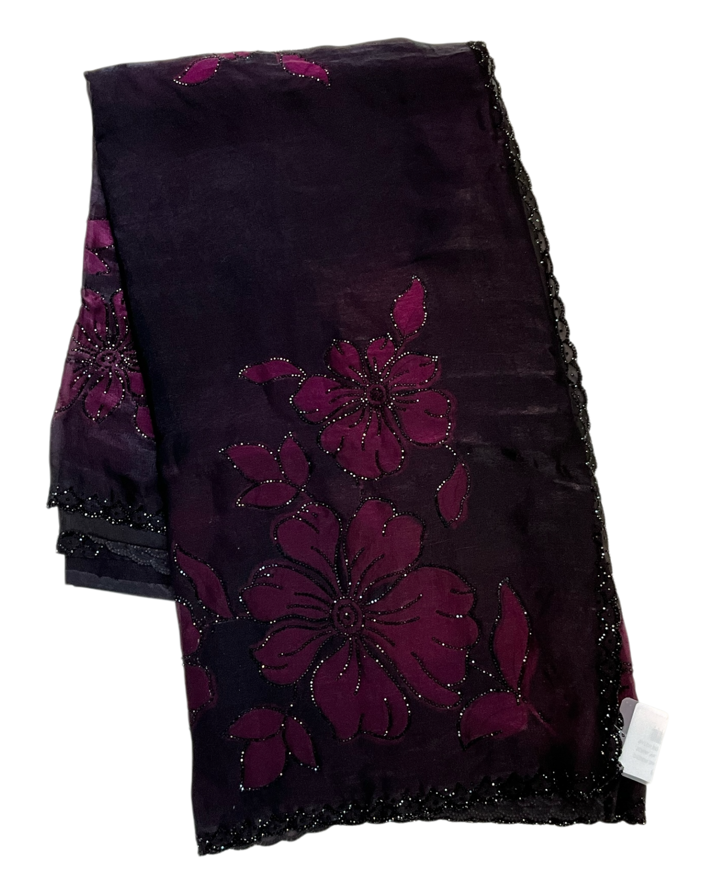 Wine / Black Floral - Classic Satin Crepe Saree with Stone Work and Blouse Piece - UK stock - 24hr Dispatch - RS2537 TV