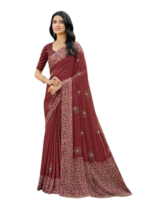 Brick Red / Rust - Chiffon Printed Saree with Blouse Piece - UK stock - 24hr Dispatch - LTF101 07KT26