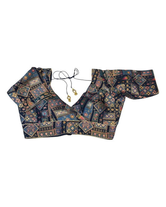 Navy Petrol Blue - Banarasi Brocade Saree / Lehenga blouse - 36" Bust (UK 10) Can be let out to size 12  - VFJ204 01KP25