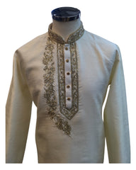 Cream / Light Gold - Rich Silky Mens Indian Kurta set with Hand Embroidery - Weddings / Walimas , Sangeet, Mehndi / Henna , Eid / Diwali - BS2507 01JV25