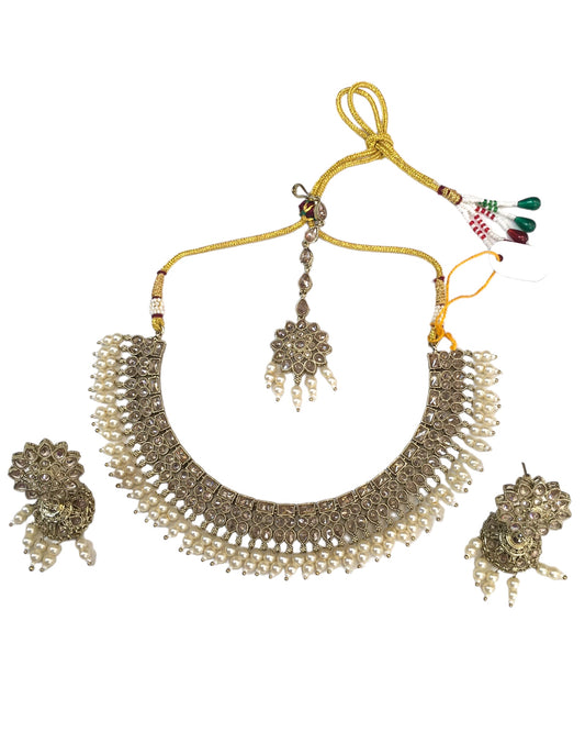 Gold / Neutral - Medium Size Antique Gold Finish Necklace Set with Earrings - KAJ1013  KV 0424