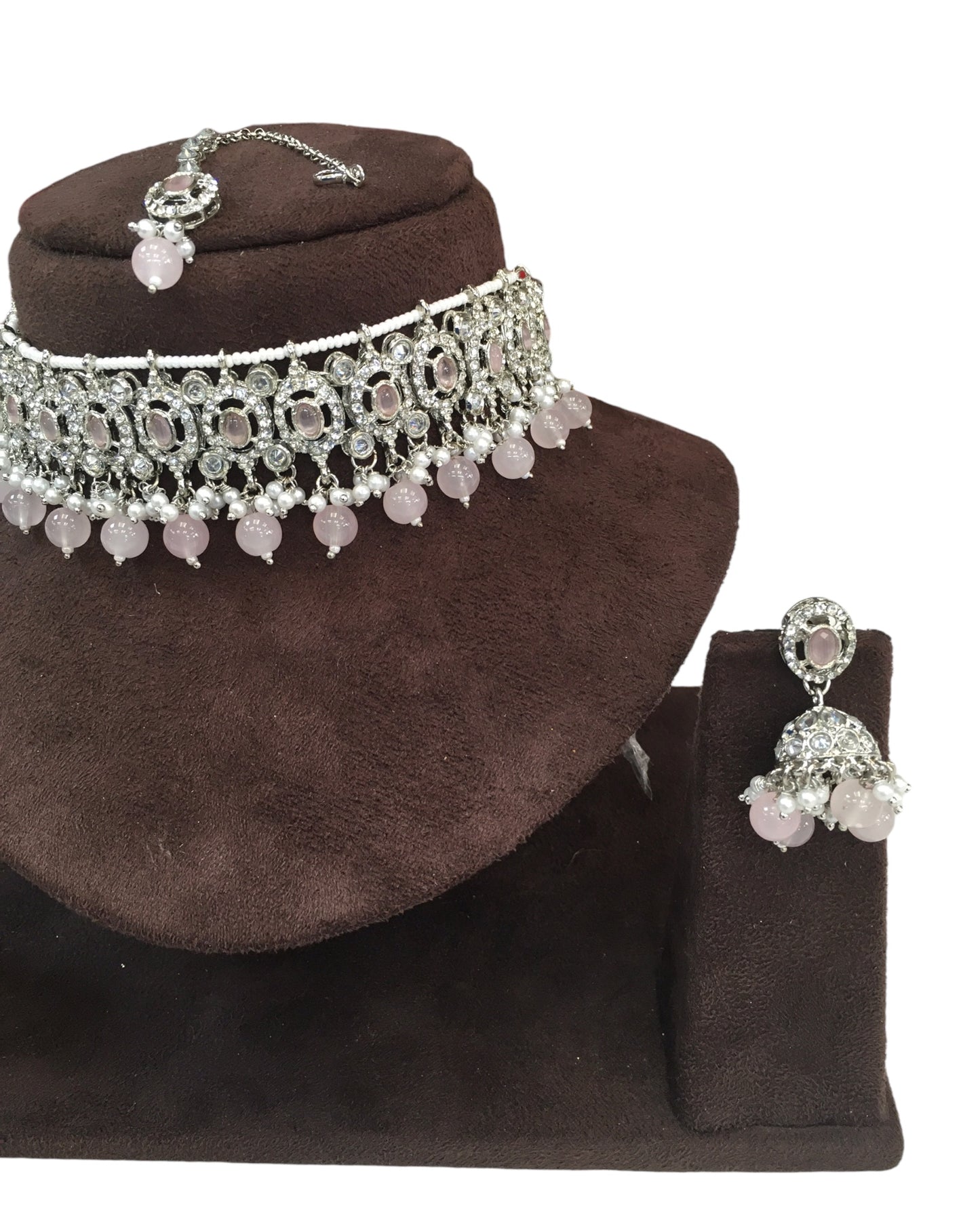 Pink - Medium Size Silver Finish Choker Necklace Set with Earrings - RAK149  C 0424