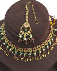 Magenta - Medium Size Antique Gold Finish Necklace Set with Earrings - HB1000  KY 0424