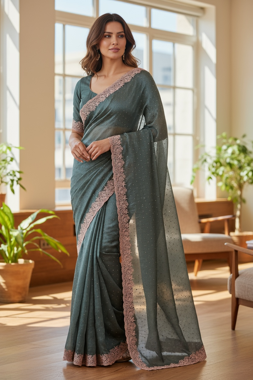 Sage Green - Chiffon - Fancy Party Saree with Blouse Piece - 11KP24 SP2423