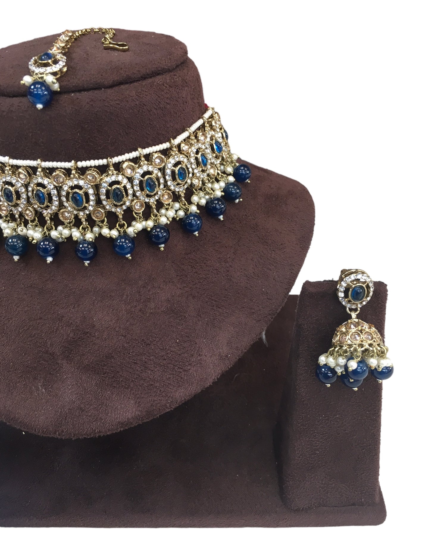 Navy Blue - Medium Size Antique Gold Finish Choker Necklace Set with Earrings - RAK149  C 0424