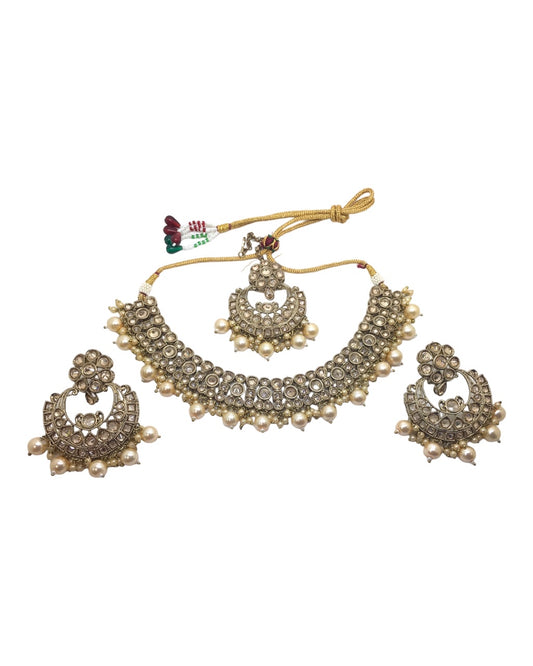 Gold / Pearl- Large Reverse Stone Choker Necklace set - Bollywood - Weddings - MNA922 H 0923