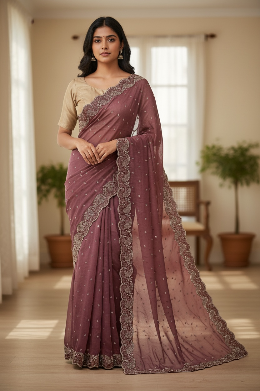 Dusty Pink - Rich Saree with Stone Work Border and Blouse Piece - UK stock - 24hr Dispatch - RS2532 TC