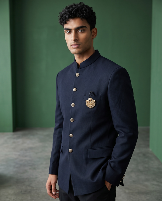 Size 42" Chest - Dark Navy Blue - PREMIUM Slim Fit Mens Jute BandhGala / Prince / Chinese Collar Jacket - Fantastic Fit - CS2603 TH