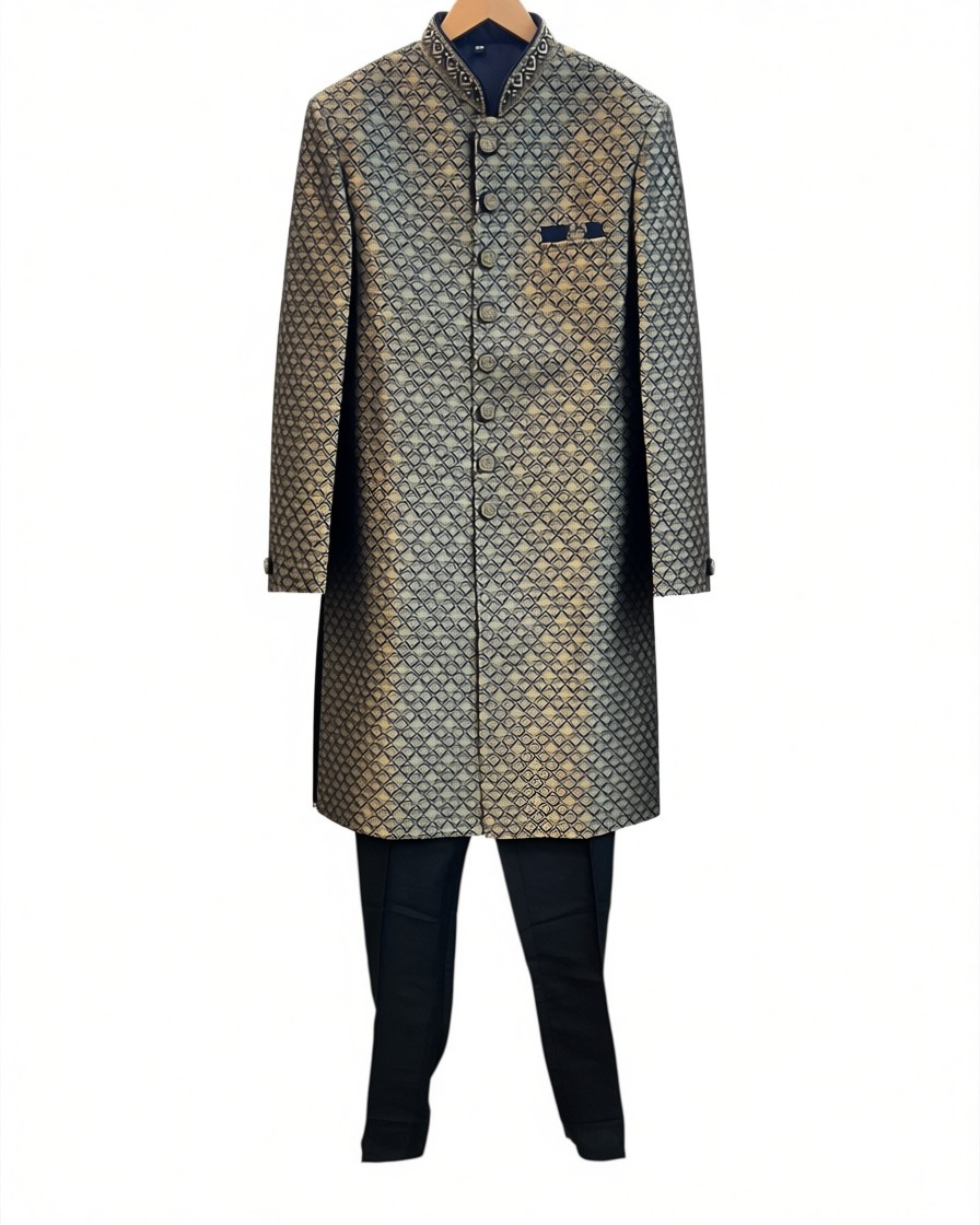 Navy Blue - Rich Banarasi Briocade Mens Sherwani Set with Smart Pants - Weddings / Walimas , Sangeet, Eid, Mehndi / Henna - SHU2601 TV 0526