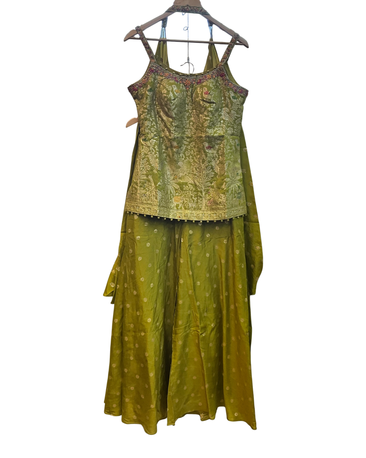 Size 12 (38") - Olive Green - Designer Ladies Medium Spaghetti Top Palazzo Trousers Suit - VMK Dulari JV