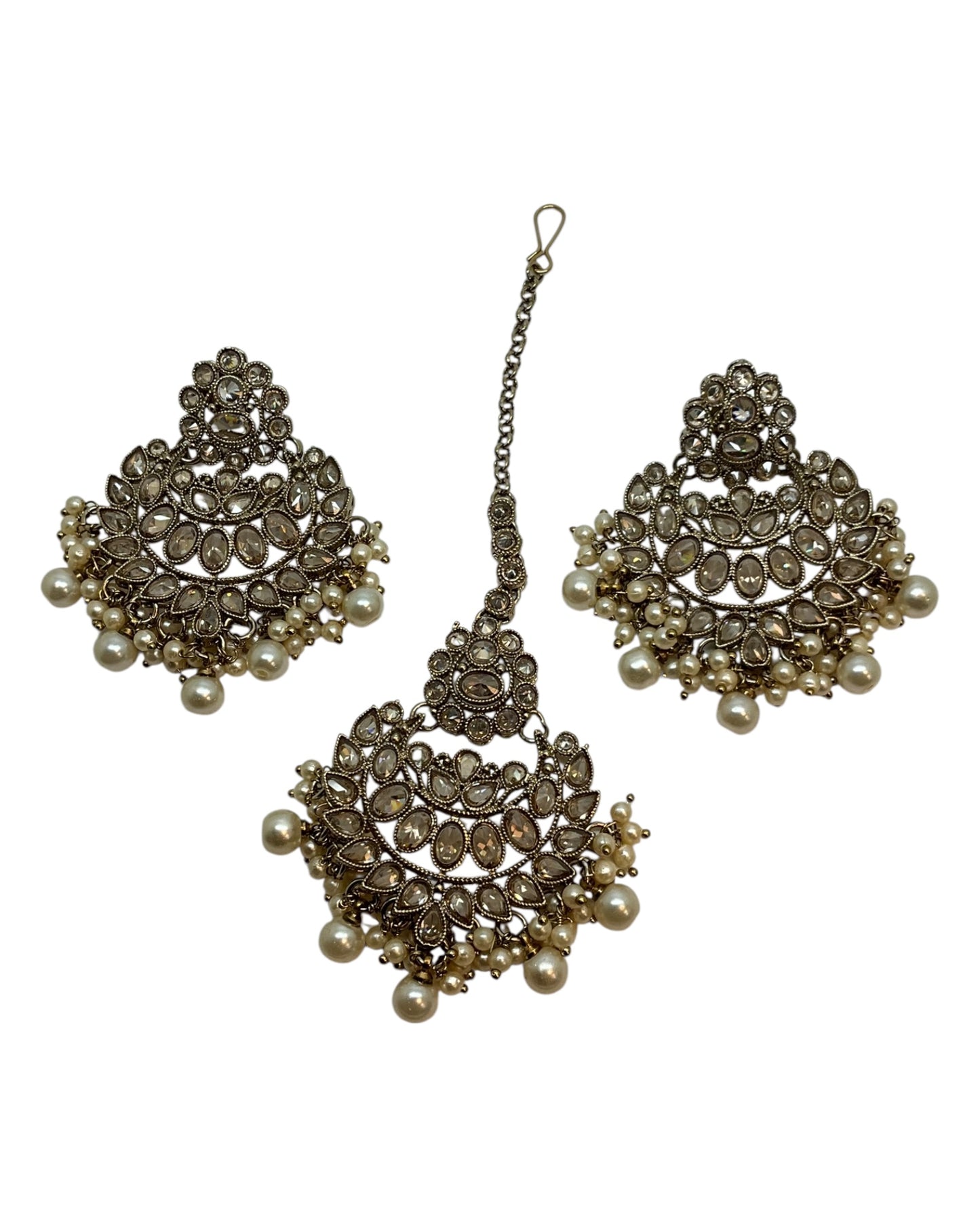 Pearl / Neutral - Large Size Antique Gold Finish Necklace Set with Earrings & Head Piece - Bollywood - AE2514 08KY25